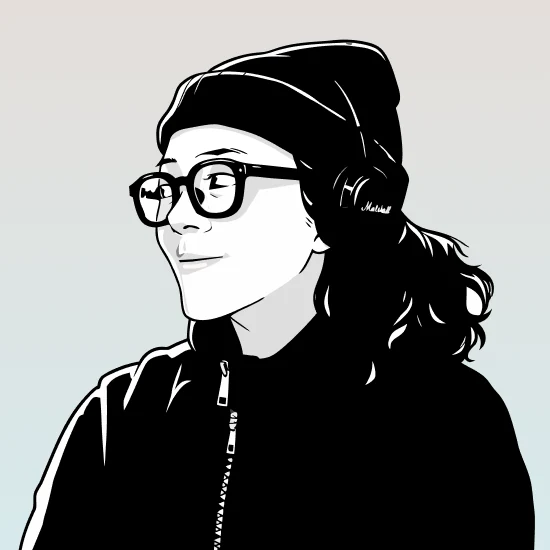 Illustrated portrait of Yuting: glasses, beanie and headphones